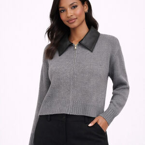 NWT Women's Nanette Nanette Lepore Gray & Black Collared Zip Sweater M